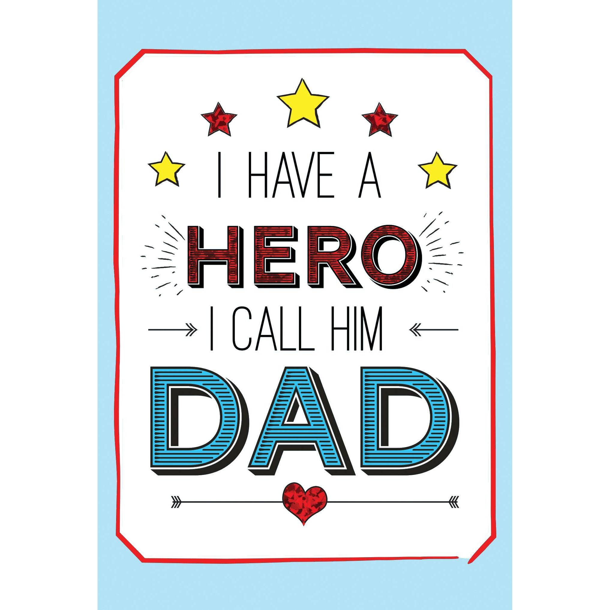 Pictura Father's Day card titled "Hero Called Dad" with heartfelt message, featuring a colorful superhero-themed design.